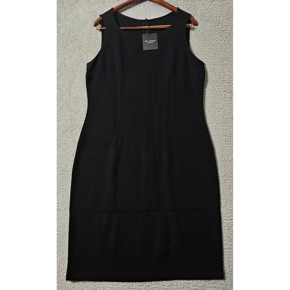 St. John Milano Knit Sheath Dress Caviar Sleeveless Wool Blend Black Size 14 NWT
